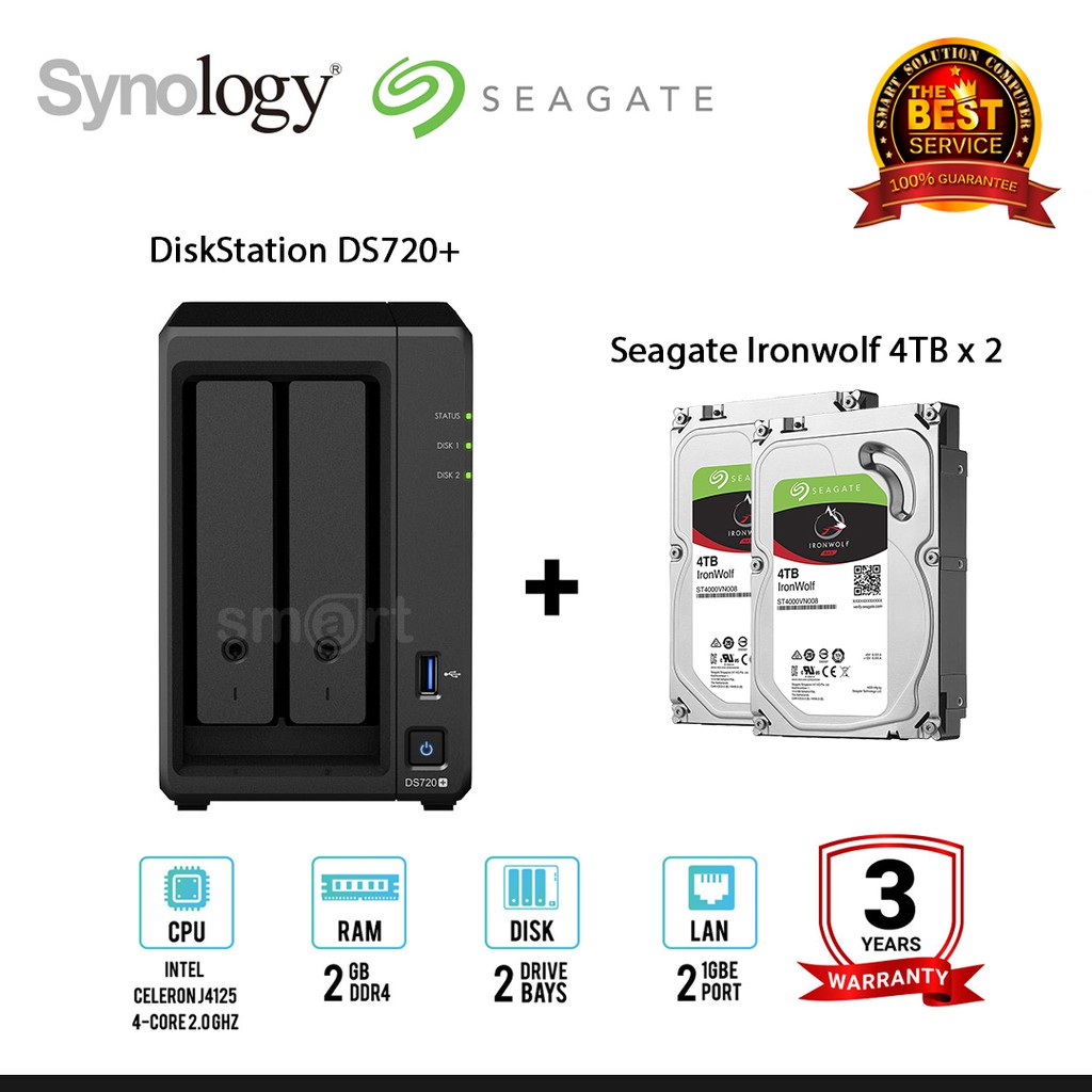 ภาพหน้าปกสินค้าSynology DS720+ 2-bay NAS + 2 x Seagate Ironwolf 4TB/6TB/8TB