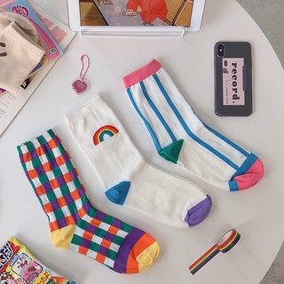 สินค้า (พร้อมส่ง🛻)ถุงเท้ายาวสไตส์ญี่ปุ่น 🧦🌈🌷น่ารัก สดใสมาก มีให้เลือก 3 ลาย cute สุดๆ