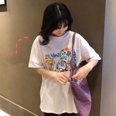 spot-2022-spring-and-summer-new-korean-style-loose-lazy-style-student-casual-cartoon-printed-round-neck-short-sleeve-t