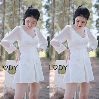 👗 H1563 Dress เดรสสั้น คอวี แขนแต่งด้วยงานผ้าชีฟอง ช่วงกระโปรงด้านหน้า-หลังจับจีบงานมีซิปซ่อนหลังเอวไม่สม็อค