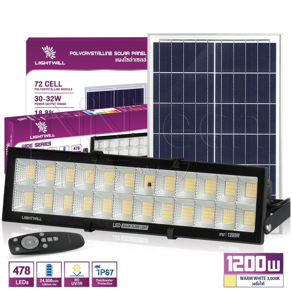 LIGHTWILL ไฟโซล่าเซลล์ ไฟสปอร์ตไลท์ 300 / 600 / 900 / 1,200วัตต์ แสงขาว ...