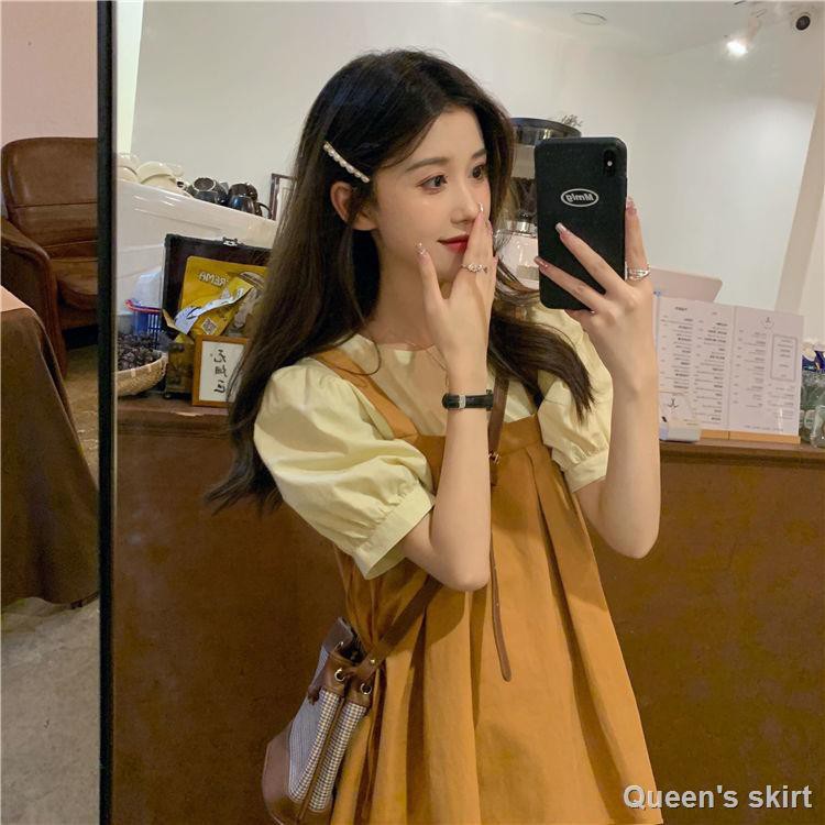 กระโปรงสูทสองชิ้น-เสื้อยืดแขนสั้น-กระโปรง-ชุดสไตล์เกาหลี-ชุดเดรสแขนพอง-เดรสแขนพอง-ชุดเดรสสลิง