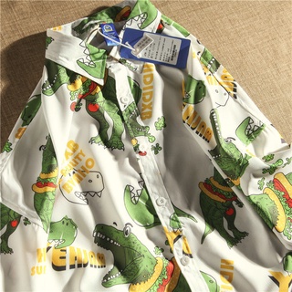 2022 Summer Korean Version of The Dinosaur Full Print Short-Sleeved Shirt Couple Hong Kong Style Short-Sleeved Blouse