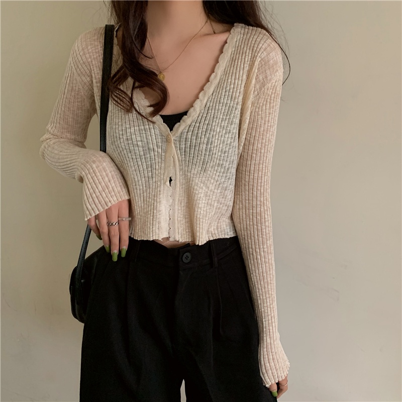 dahong-เสื้อคลุมคาร์ดิแกน-เสื้อไหมพรมบาง-กระดุมหน้าเเขนยาวคอวี-สไตล์เกาหลี-ฟรีไซส์-70068