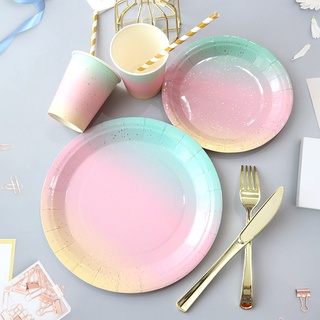 จานกระดาษ ไล่โทนสีรุ้ง แบบใช้แล้วทิ้ง สําหรับงานแต่งงาน งานรื่นเริงบนโต๊ะอาหาร