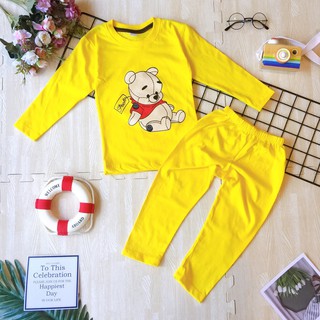 22 ชุดเซ็ตเด็ก ชุดนอนเด็ก งานสกรีนลายการ์ตูน หมีพูห์ สีเหลือง (เสื้อยืดแขนยาว + กางเกงขายาว) แฟชั่น ชุดเด็ก -1ชุด