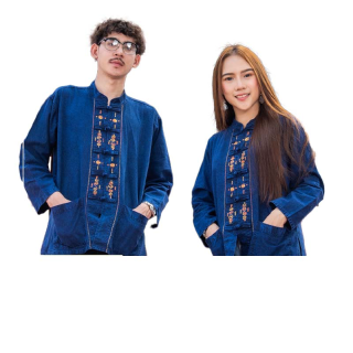 (จันทร์ดีหม้อห้อม) เสื้อหม้อห้อมคอจีนแขนยาวปักลาย(2โทนสี)