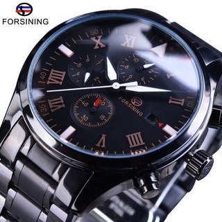 Forsining Black Stainless Steel Maltifuction Calendar Display Liminous Display Mens Watch Top Brand Luxury Automatic Wri