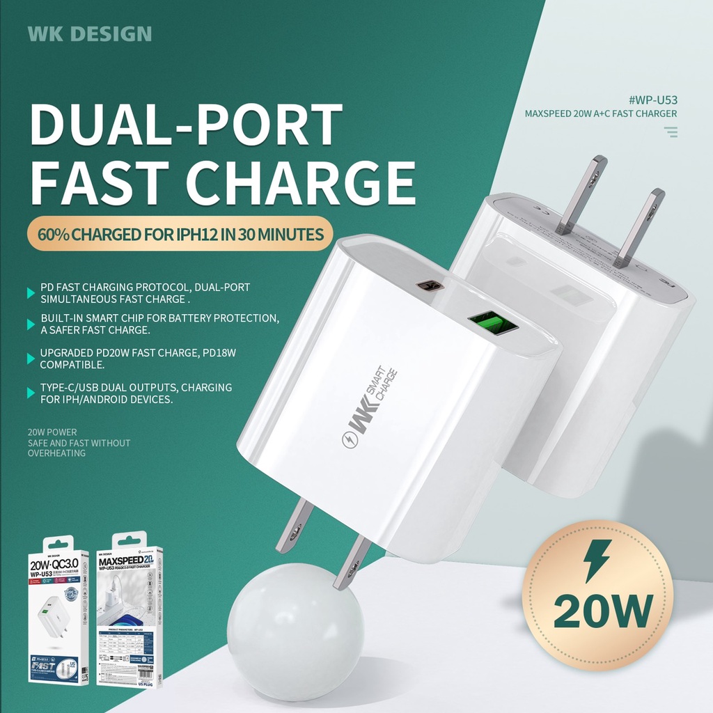 หัวชาร์จpd-หัวชารตpd-แท้-wk-wp-u53-หัวชาร์จ-2-port-pd-usb-type-c-pd20w-หัวชาดpd-wpu53-ชุดfast