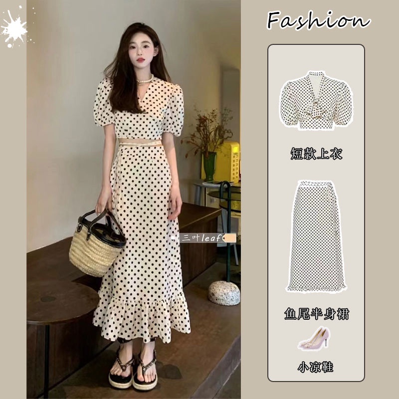 hot-sale-suit-womens-2022-new-french-bandage-polka-dot-puff-sleeve-top-high-waist-mid-length-กระโปรงหางปลา