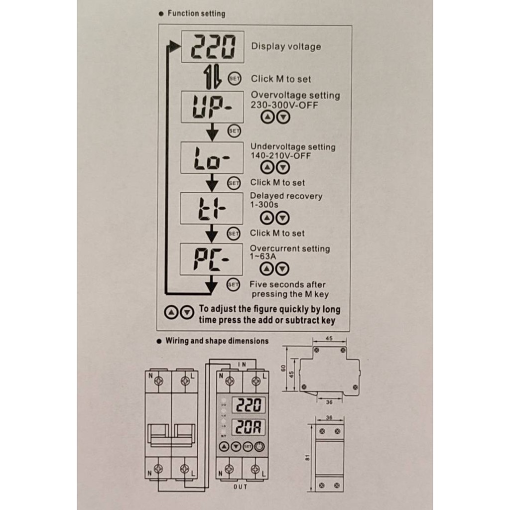 เครื่องป้องกันแรงดันไฟฟ้าเกิน-แรงดันไฟฟ้าต่ำ-ตั้งค่ากระแสเกินได้-phase-protection-230vac-adj-63