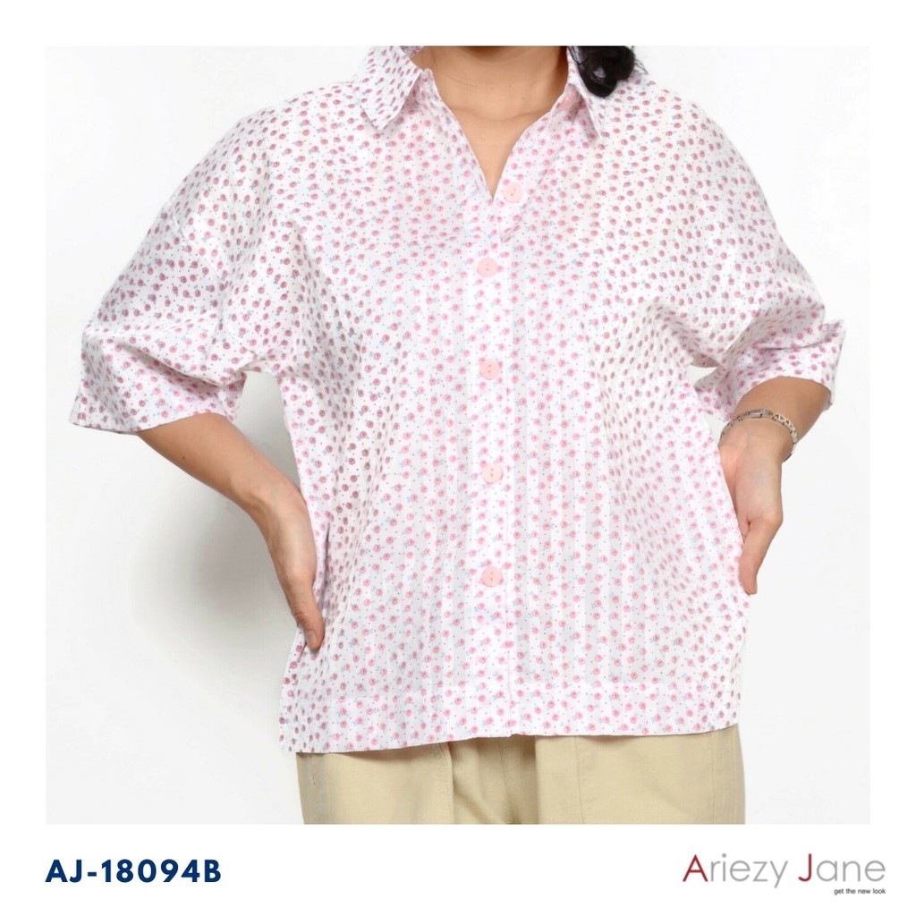 ariezy-jane-aj-18094-เสื้อเชิ้ตแขนสั้นผ้าซาตินพิมพิ์ริ้วพื้นและลายดอกสีชมพูขาวและม่วงขาว