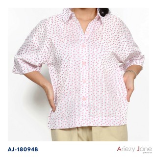 Ariezy Jane AJ-18094 เสื้อเชิ้ตแขนสั้นผ้าซาตินพิมพิ์ริ้วพื้นและลายดอกสีชมพูขาวและม่วงขาว