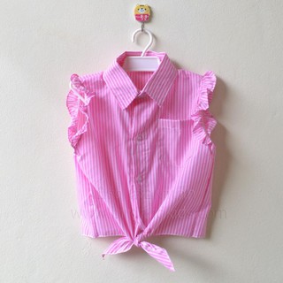 เสื้อเด็กหญิงผูกเอวลายทาง สีชมพู