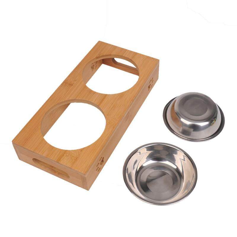 ชามอาหารแมว-ฐานไม้ไผ่-2ช่อง-ชามอาหารสุนัข-bo10-wooden-double-stainless-bowl