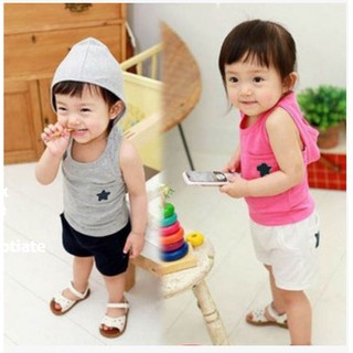 เสื้อแขนกุดมหมวกข้างหลัง+กางเกง -babyandyou