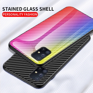 Samsung Galaxy M51 Casing Hard Gradient Carbon Fiber Texture Tempered Glass Cover Case