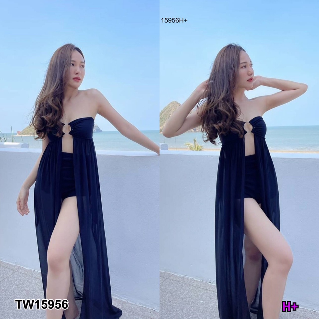 tw15956-set-2-ชิ้น-เสื้อเกาะอกชีฟองตัวยาวผ่าหน้า-กางเกงขาสั้นผ้าคอตตอน-ดีเทลขากางเกงแต่งรูดเชือกได้