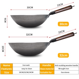 ❏☍✹Konco Household Iron Wok,Hand Forging Iron Pan Wooden Handle Pure Iron No Coating Non-stick Wok Pot Gas Cooker