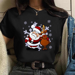 Merry Christmas T Shirt Women Short Sleeve Holiday Funny Tshirt Santa Reindeer Printed Black T-shirtเสื้อยืด