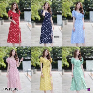 &lt;TW13546&gt;Dress เดรสคอเหลี่ยม แขนสั้น แต่งปลายแขนจั๊ม ผ้าไหมอิตาลี่ พิมพ์ลายดอกไม้ อกแต่งดึงยืดสม็อค เอวปล่อย มีซิปหลัง