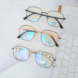 แว่นกรองแสงขาสปริง ทรงหกเหลี่ยม เลนส์บลู  กรอบโลหะ ป้องกันรังสีสีฟ้า แว่นตาป้องกันคอมพิวเตอร์ 75002