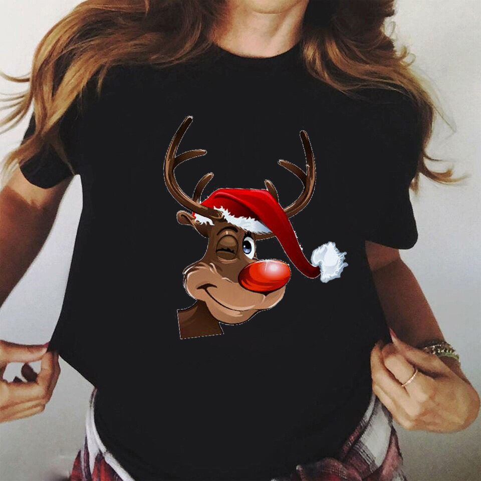 พร้อมส่ง-merry-christmas-t-shirt-women-short-sleeve-holiday-funny-tshirt-santa-reindeer-printed-black-t-shirt