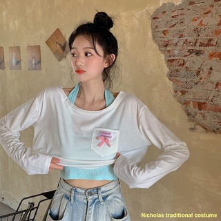 จัดส่งไว#📣สองชิ้นเสื้อชั้นในป้องกันแสงแดดสั้นสะดือสั้นเสื้อบางแขนยาวเสื้อยืดแนวโน้มผู้หญิง