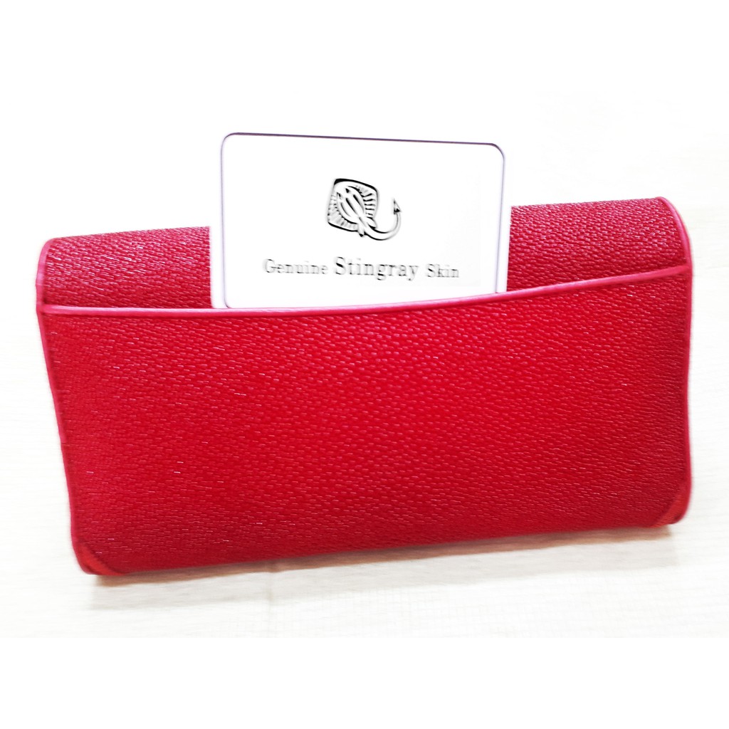 กระเป๋าถือผู้หญิง-หนังปลากระเบน-ทรงยาว-3-พับ-สีแดง-genuine-stingray-trifold-clutch-wallet