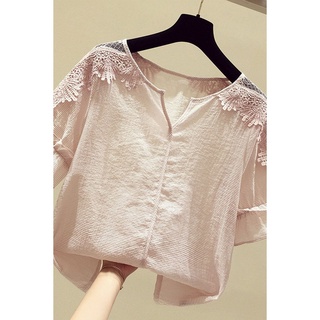 ◕☏ผู้หญิงตัดป้ายเพื่อปกปิดหน้าท้องแขนสั้นเสื้อชีฟอง super fairy lace top เสื้อเด็ก