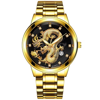 นาฬิกาข้อมือควอตซ์แฟชั่น สายแสตนเลส ลายมังกรทอง ประดับเพชร ปฏิทิน สไตล์นักธุรกิจ สําหรับบุรุษ