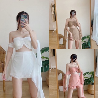 🐻Dudeemink_shop✨Rapanzel ชุดเซตชีฟอง เซตเกาะอกชีฟอง ชุดใส่ไปทะเล ชุดถ่ายรูปคาเฟ่น่ารักๆ เกาะอกผูกแขนน่ารักๆ -WW1705-