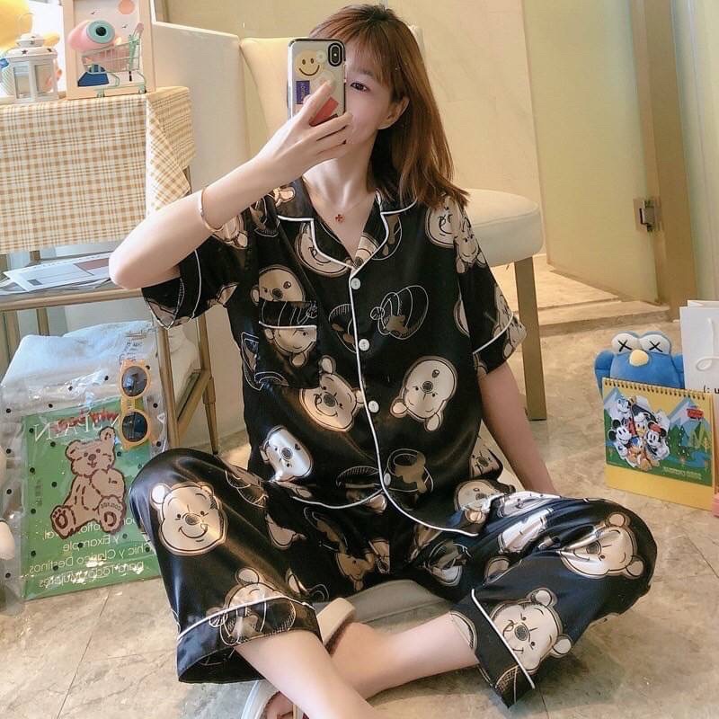 ชุดนอน ผ้าซาติน ลายการ์ตูน แขนสั้นขายาว | Shopee Thailand