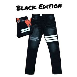 กางเกงยีนส์ ยีนส์ยืดขายาว กางเกงยีนส์ขายาวเดฟผ้ายืด ชาย เดฟยืด สีดำ ยีนส์คาดแถบขาว ปัก EN เป้ากระดุม Size 28-36