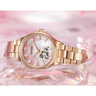 CITIZEN ญี่ปุ่นอย่างเป็นทางการผลิตภัณฑ์ใหม่จำกัดรุ่น Cherry Blossom สีชมพู Hollow หน้าปัดนาฬิกากลไกจักรกลหญิง PC1019