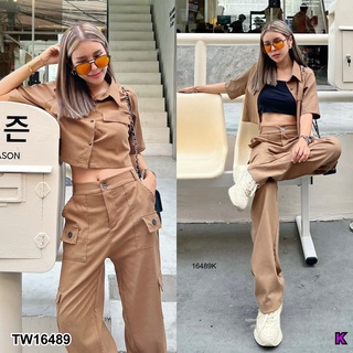 TW16489 Cropped Cargo Pants Set เซทเสื้อเชิ้ตครอปสุดเท่ แต่งกระเป๋าหลอกช่วงอก มาพร้อมกับกางเกงขายาวทรงคาร์โก้