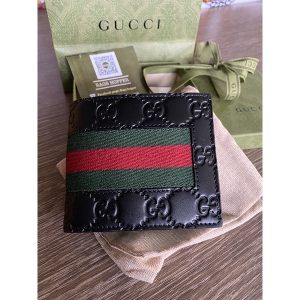 new-gucci-wallet-หนังดำปั๊ม-คาดเขียวแดง-ของแท้