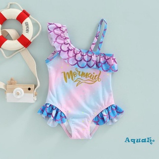 AQQ-Girls One Piece Bikini Fish Scale Ruffle Embellishment Asymmetrical Straps Bronzing Letter Print Swimsuit