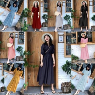 TW5983 Maxi Dress แม้กซี่เดรสยาว เนื้อผ้าโฟร์เวย์ งานติดกระดุมอก แขนแต่งจั้มปลาย รอบเอวยืดสม็อค กระโปรงปล่อยทิ้งตัว