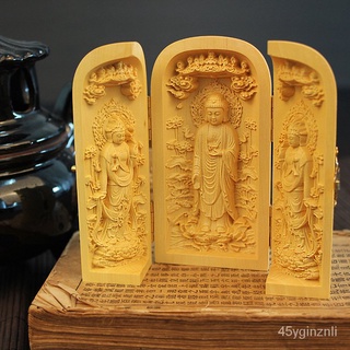 พระพุทธรูปไม้แกะสลักไม้บ็อกซ์วูดตะวันตก Sapo Three Sage Guanyin Guan Gong Three Open Box เครื่องประดับงานฝีมือไม้ DTP7