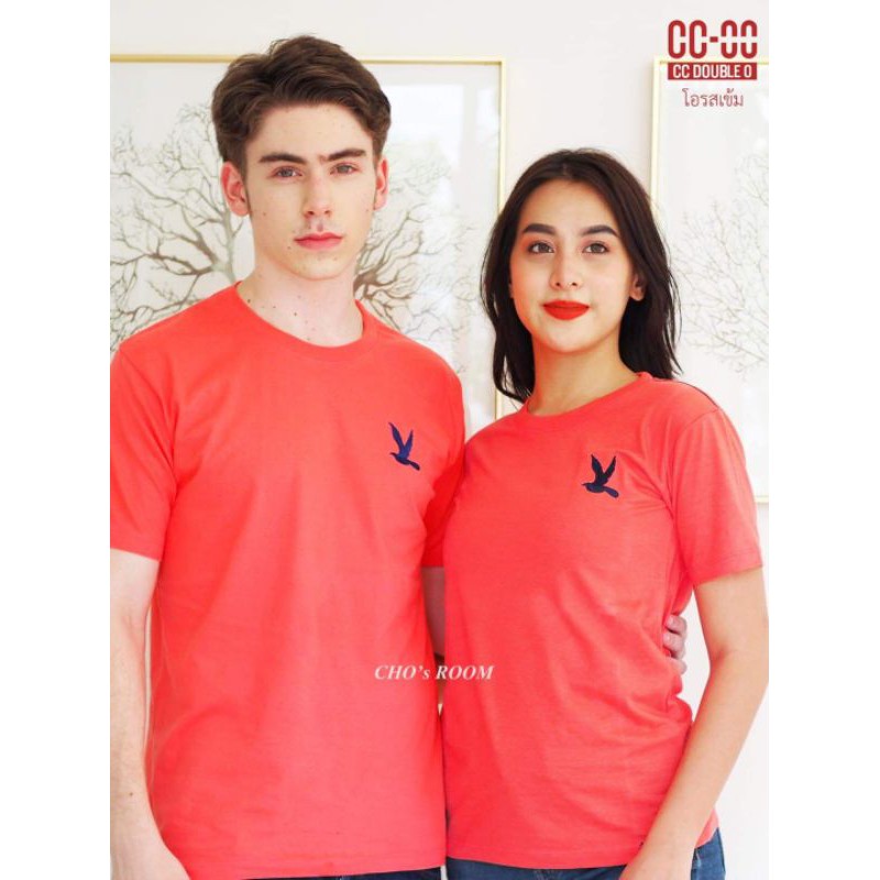 เสื้อยืดแขนสั้นสีพื้นงานปัก-งานป้ายนกccoo-ใส่ได้หญิงและชาย-cotton100-มีบริการเก็บปลายทาง