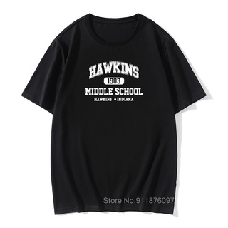 เสื้อยืดแขนสั้น ผ้าฝ้าย พิมพ์ลาย STRANGER THINGS Hawkins High School MNgeph69BJomjg63สามารถปรับแต่งได้