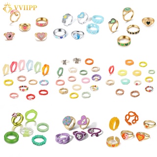 Colorful Heart Gossip Ring Set Fashion Drop Oil Rings for Women Accessories Jewelry