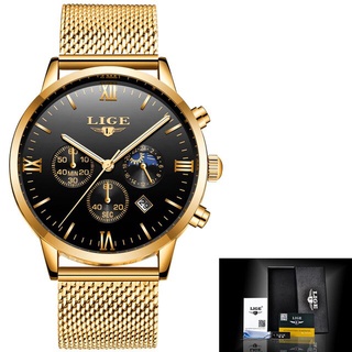LIGE Fashion Top Brand Luxury Gold Watches Men s Stainless Steel Waterproof Quartz Clock Male Military