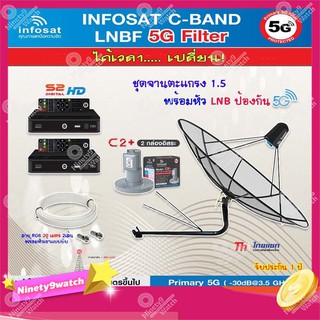 Thaisat C-Band 1.5M (ขางอยึดผนัง 150 cm.มีก้านช่วยยึด) + infosat LNB 2จุด รุ่น C2+ (5G) + PSI S2 HD 2+ สายRG6 20 m.x2