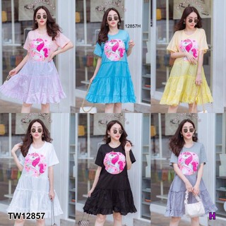 TW12857 Dress เดรสสั้น คอกลม แขนสั้น ต่อระบายชายกระโปรงหวานๆ ฟรุ๊งฟริ๊งแบ๊วๆ ผ้ายืดต่อกระโปรงคอตตอนมัสลิน