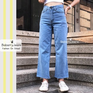 BabarryJeans ยีนส์ทรงกระบอก วินเทจ เอวสูง ปลายตัด สียีนส์ฟอกอ่อน