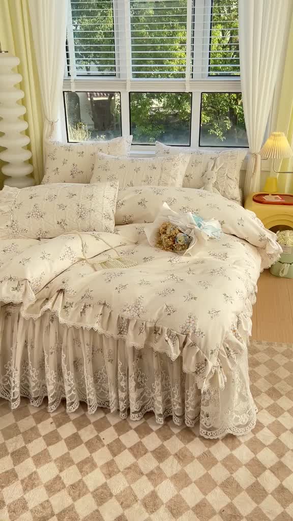 4-in-1-ชุดเครื่องนอน-ผ้าปูที่นอน-ปลอกหมอน-พิมพ์ลายดอกไม้-สไตล์เจ้าหญิงฝรั่งเศส-ควีนไซซ์-คิงไซซ์-ควีนไซซ์