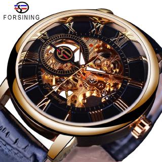 Forsining ชายยอดนาฬิกาแบรนด์หรูวิศวกรรมโครงกระดูกนาฬิกาออกแบบ 3 มิติตัวอักษรโรมันจำนวนนาฬิกาหน้าปัดสีดำ