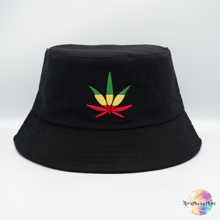 หมวกบักเก็ต สีดำ ปักโลโก้ลายใบกัญชา 3 สี ราสต้า หมวกปีกรอบ Bucket hat หมวกแฟชั่น ร้านไทย สินค้าพร้อมส่ง Northernthai